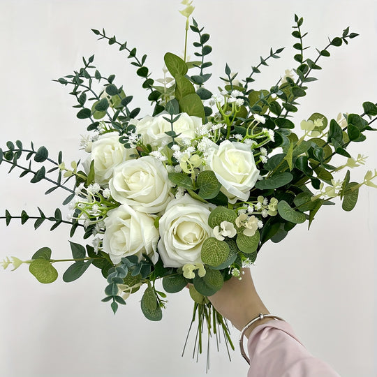52 Elegant Artificial White Roses with Eucalyptus and Gypsophila