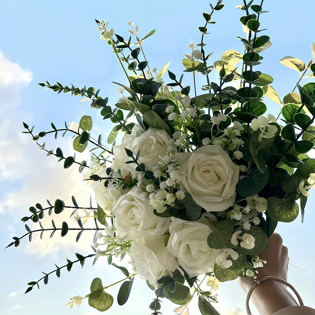 52 Elegant Artificial White Roses with Eucalyptus and Gypsophila