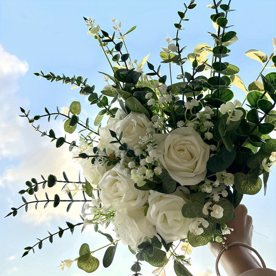 52 Elegant Artificial White Roses with Eucalyptus and Gypsophila