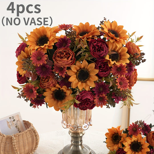Set of 1/4 Elegant Artificial Peony and Sunflower Bouquets