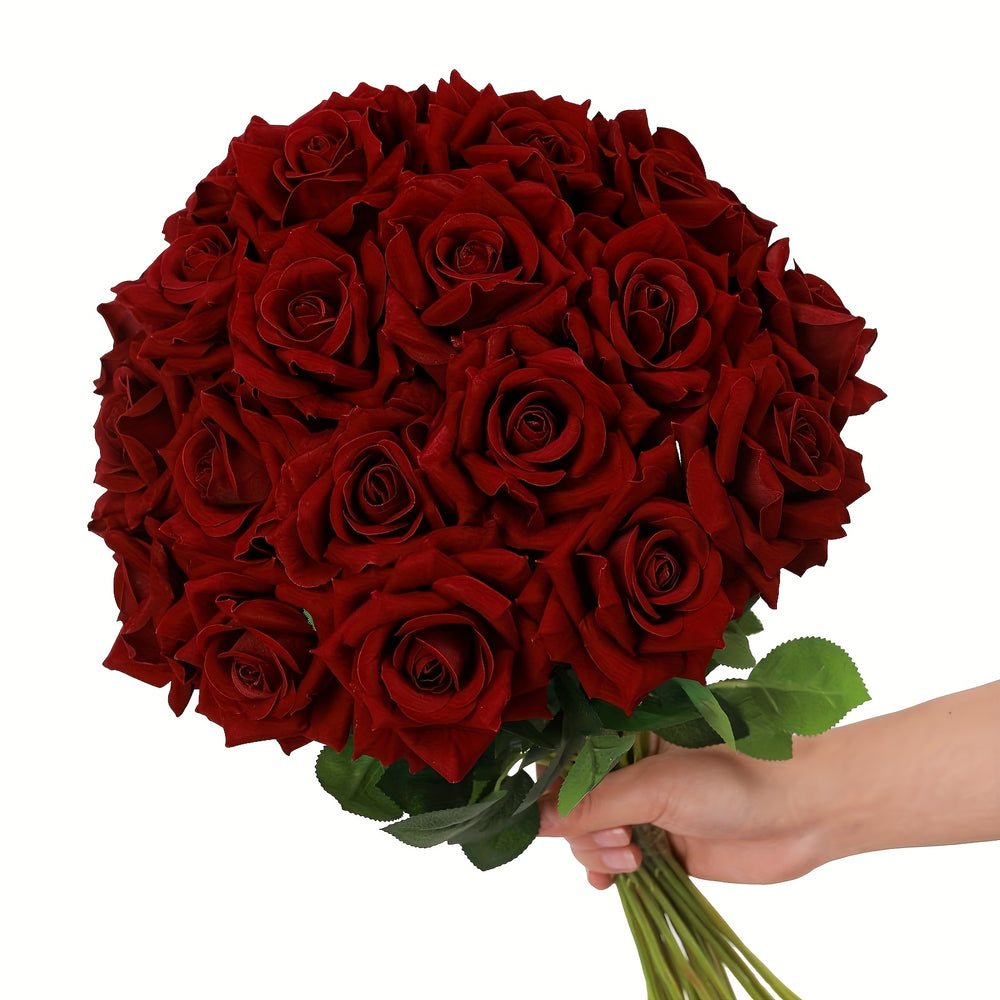 Set of 10 Realistic Burgundy Artificial Roses with Stems