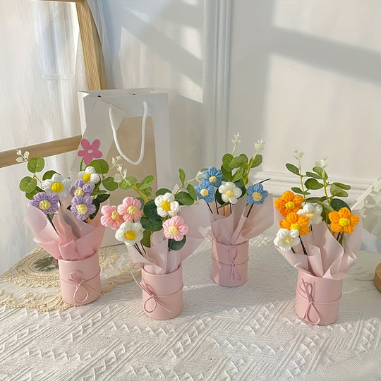 Handmade Yarn Flower Bouquet Set with Plastic Bucket