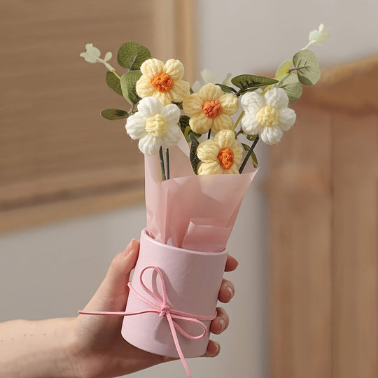 Handmade Yarn Flower Bouquet Set with Plastic Bucket