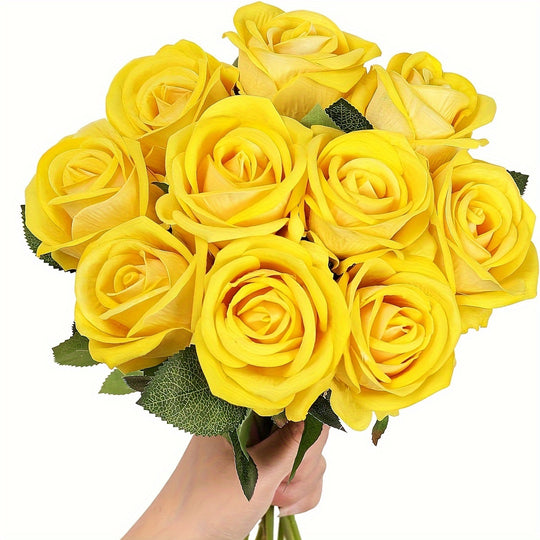 Set of 10 Artificial Yellow Rose Flowers