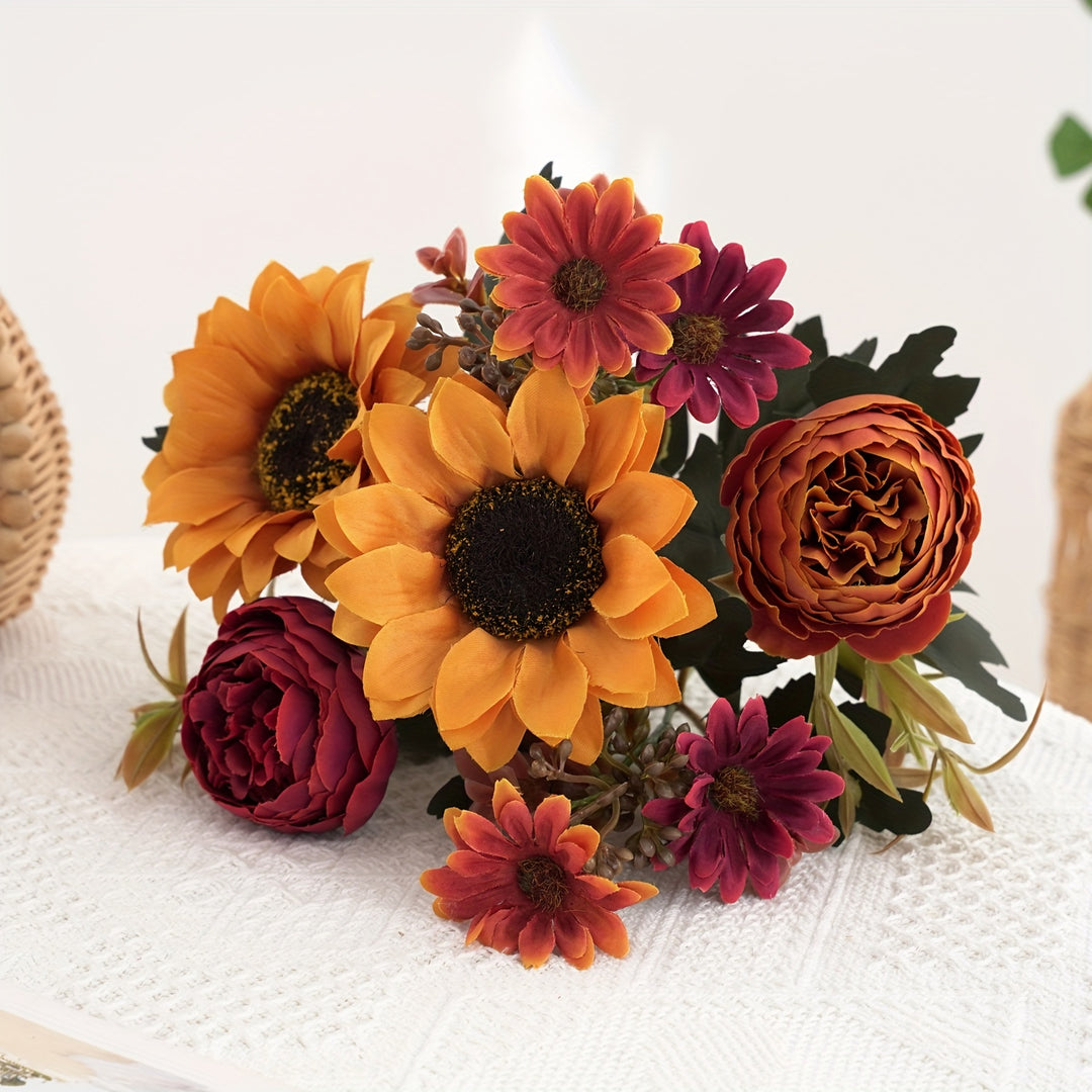 Set of 4 Elegant Artificial Peony and Sunflower Bouquets