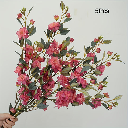 Set of 5 Elegant Pink Silk Camellia Flowers with Long Stems