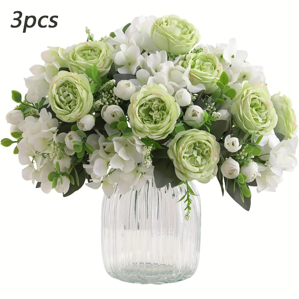 Set of 3 Silk Peony and Hydrangea Faux Flower Bouquets