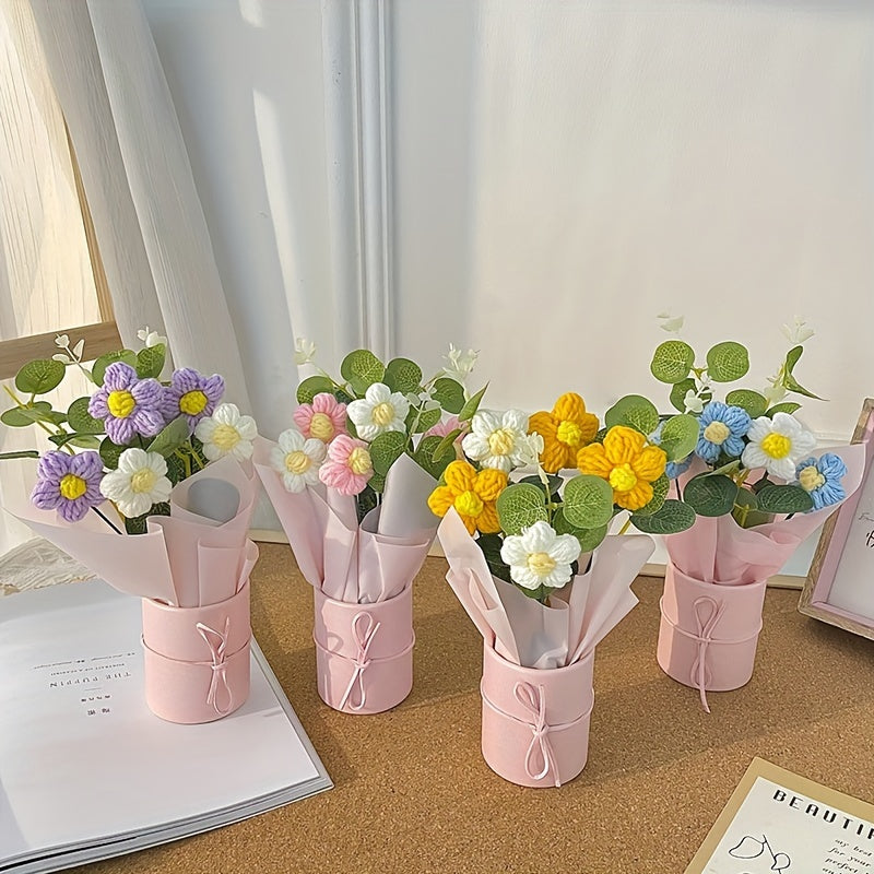 Handmade Yarn Flower Bouquet Set with Plastic Bucket
