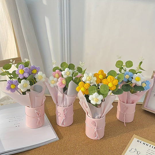 Handmade Yarn Flower Bouquet Set with Plastic Bucket