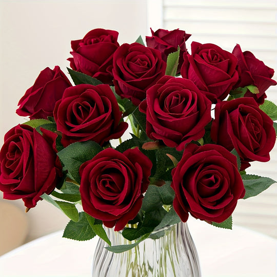 Realistic Artificial Rose Bouquet - Set of 10 with Stems