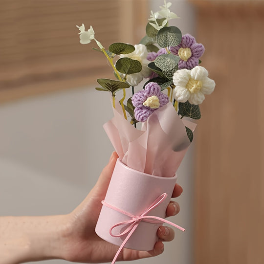 Handmade Yarn Flower Bouquet Set with Plastic Bucket