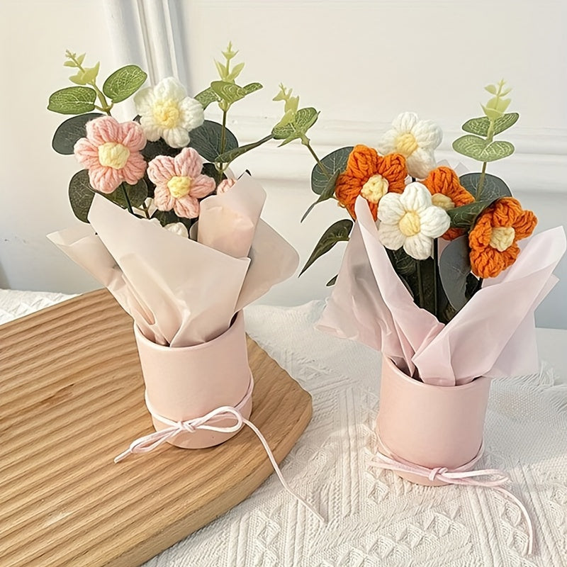 Handmade Yarn Flower Bouquet Set with Plastic Bucket