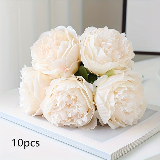 Set of 10 Realistic Large White Peony Artificial Flowers