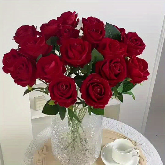 Set of 10 Realistic Burgundy Artificial Roses with Stems