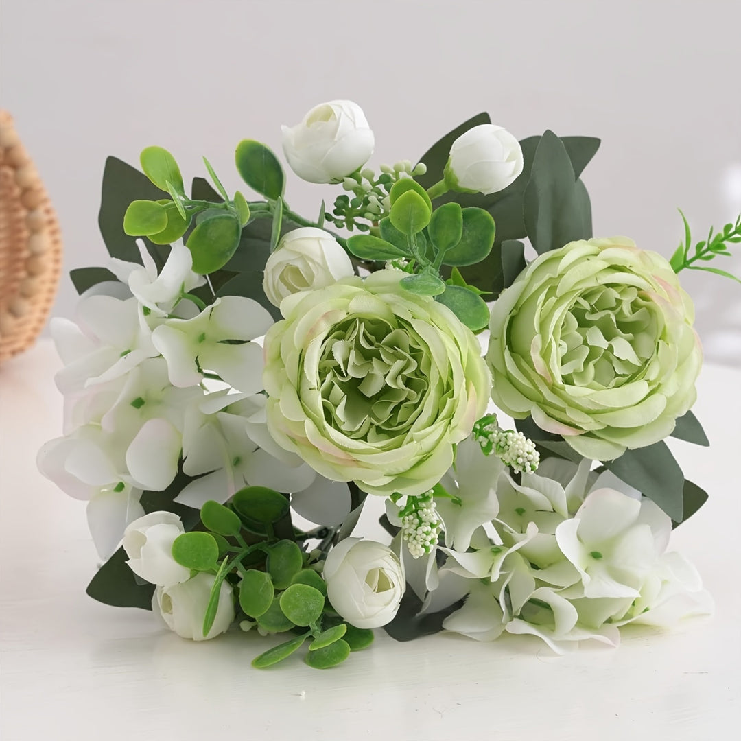 Set of 3 Silk Peony and Hydrangea Faux Flower Bouquets