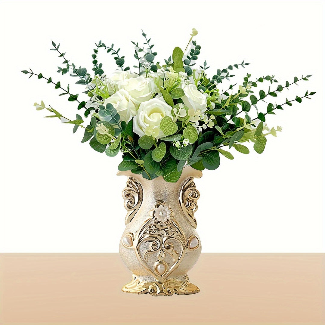 52 Elegant Artificial White Roses with Eucalyptus and Gypsophila