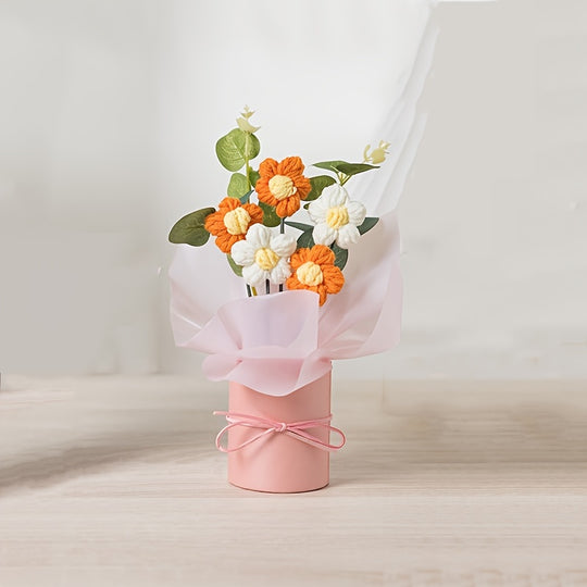 Handmade Yarn Flower Bouquet Set with Plastic Bucket
