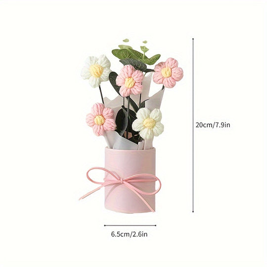 Handmade Yarn Flower Bouquet Set with Plastic Bucket