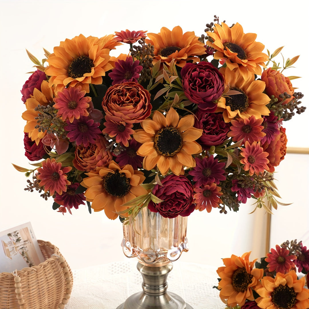 Set of 4 Elegant Artificial Peony and Sunflower Bouquets
