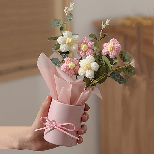 Handmade Yarn Flower Bouquet Set with Plastic Bucket