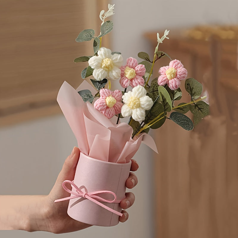 Handmade Yarn Flower Bouquet Set with Plastic Bucket