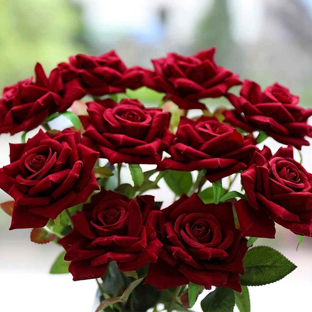 Realistic Artificial Rose Bouquet - Set of 10 with Stems