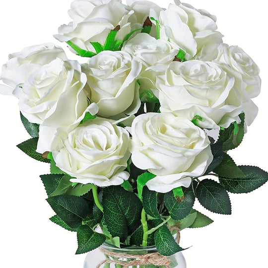 Realistic Artificial Rose Bouquet - Set of 10 with Stems