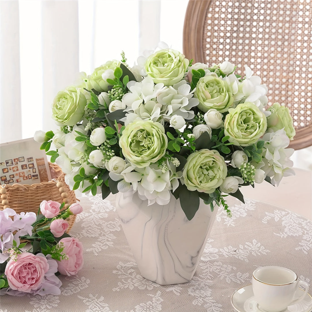 Set of 3 Silk Peony and Hydrangea Faux Flower Bouquets