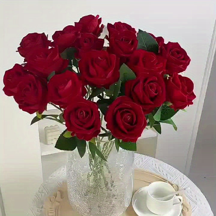 Realistic Artificial Rose Bouquet - Set of 10 with Stems