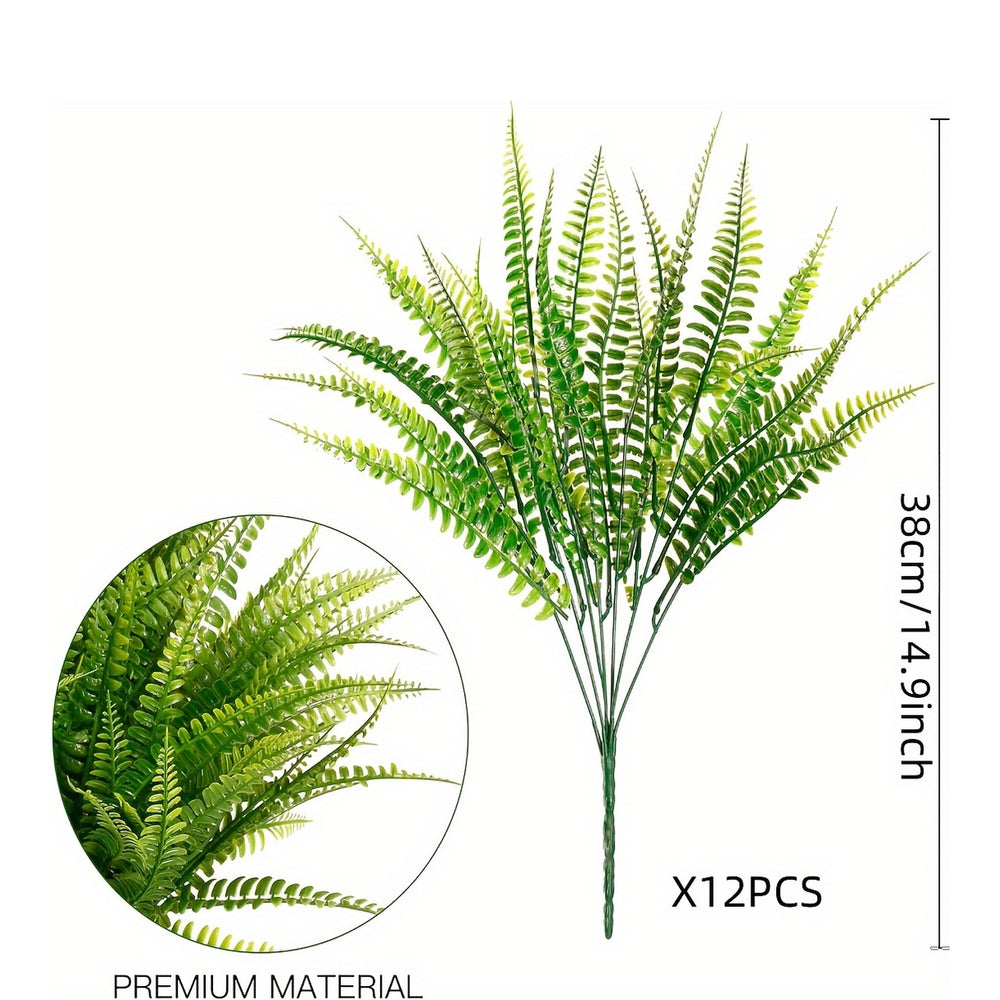 12 Bunches of UV-Resistant Artificial Boston Fern Plants