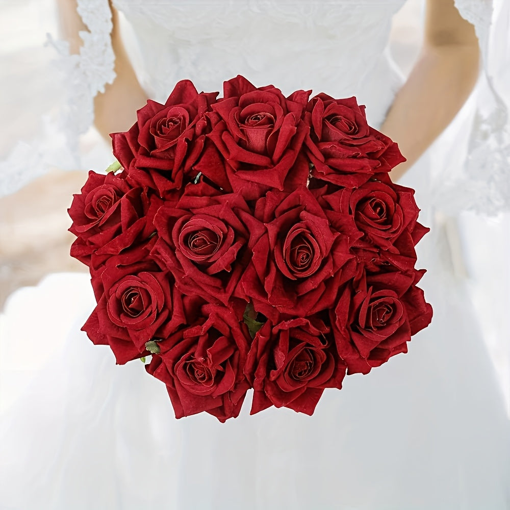 Set of 10 Realistic Burgundy Artificial Roses with Stems