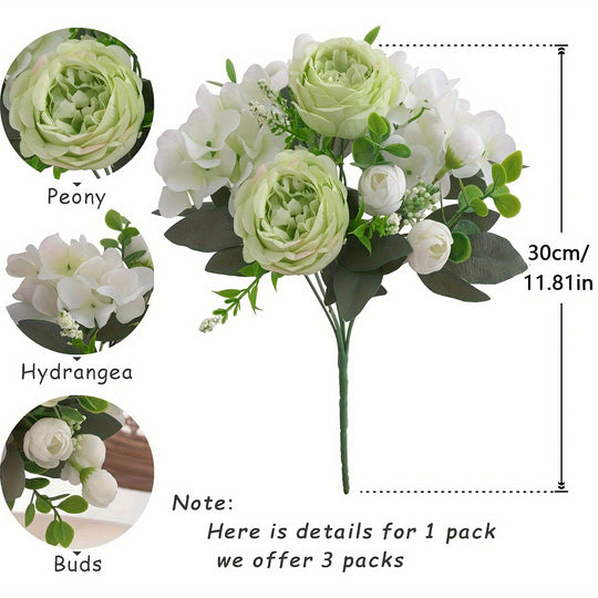 Set of 3 Silk Peony and Hydrangea Faux Flower Bouquets