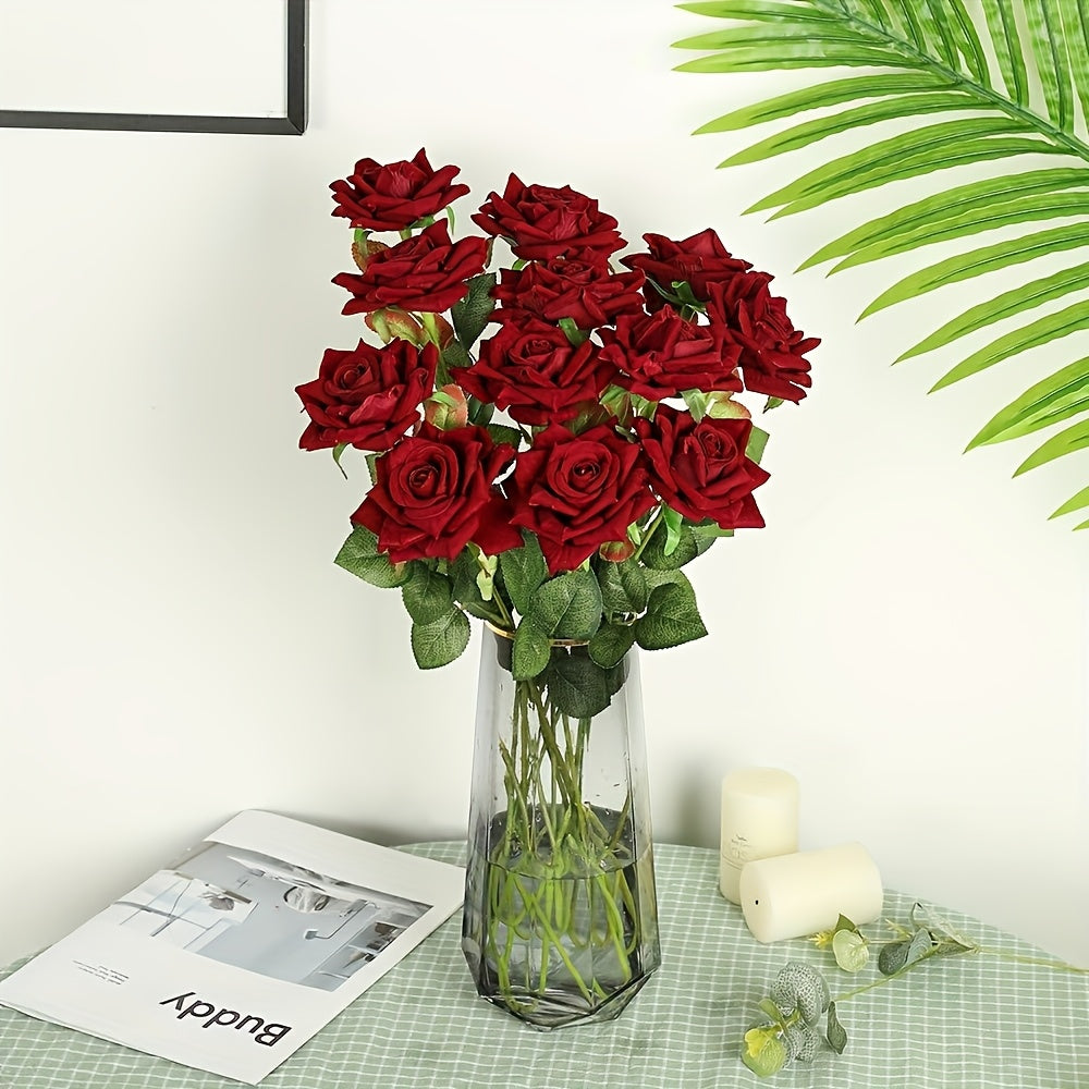 Set of 10 Lifelike Artificial Rose Flowers with Stems