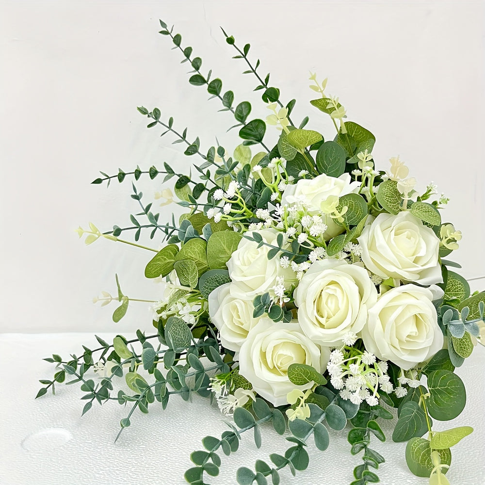 52 Elegant Artificial White Roses with Eucalyptus and Gypsophila