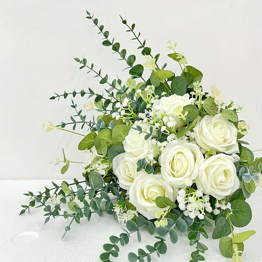 52 Elegant Artificial White Roses with Eucalyptus and Gypsophila
