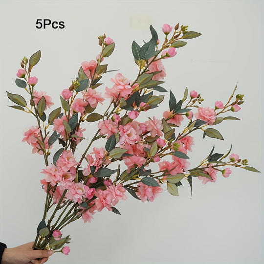 Set of 5 Elegant Pink Silk Camellia Flowers with Long Stems