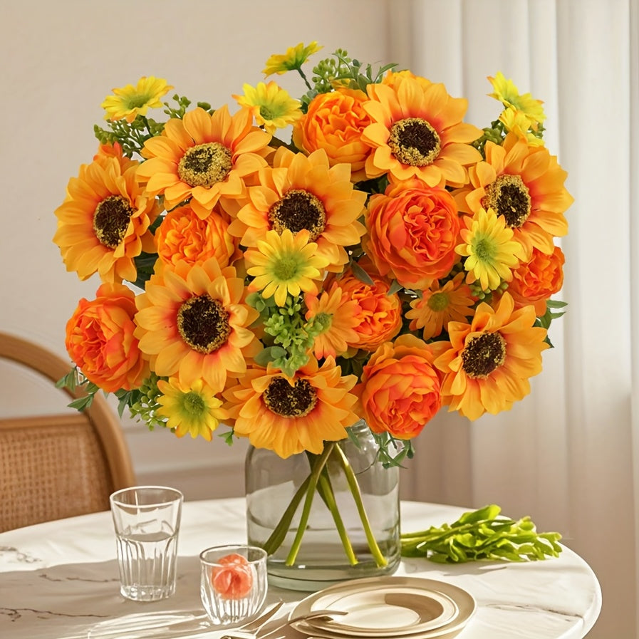 Set of 4 Elegant Artificial Peony and Sunflower Bouquets