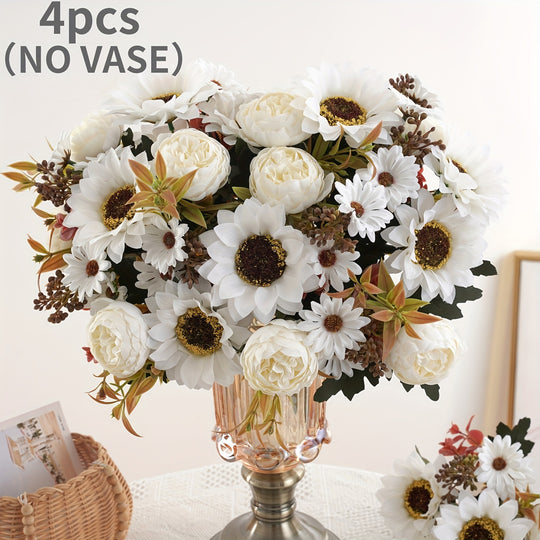 Set of 4 Elegant Artificial Peony and Sunflower Bouquets